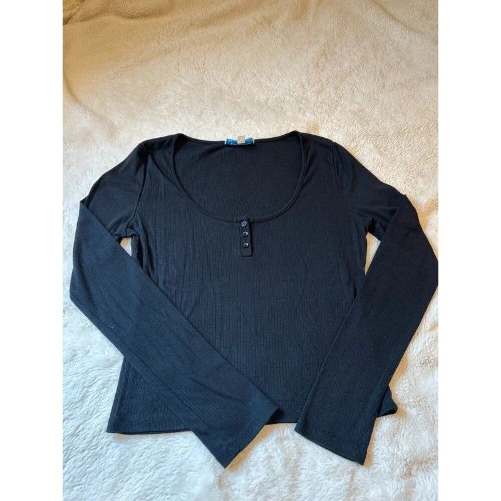 PacSon Your Favorite Line Women's Large Black Ribbed Henley Long Sleeve Top Fall